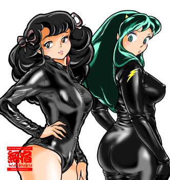 2girls ass black_hair bodysuit breasts brown_eyes covered_erect_nipples green_eyes green_hair highres horns large_breasts latex latex_bodysuit latex_leotard leotard long_hair looking_at_viewer lum multiple_girls mushuku_(cgckfaoaoy4p1hx) oni ran_(urusei_yatsura) smile urusei_yatsura