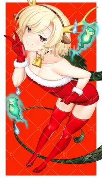 1girl antlers blonde_hair breasts christmas dragon_girl dragon_horns dragon_tail dress fake_antlers fur-tipped_tail fur-trimmed_dress fur_trim gloves green_scales green_tail hataraki_kuma highres horns kicchou_yachie looking_at_viewer monster_girl otter otter_spirit_(touhou) red_dress red_eyes red_gloves red_shoes red_thighhighs reindeer_antlers santa_costume santa_dress scales shoes short_hair smile solo tail thighhighs touhou turtle_shell yellow_horns