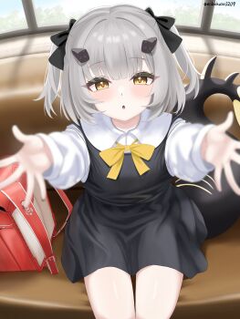 1girl :o absurdres azur_lane black_dress black_ribbon blush commentary_request dress explorer_(azur_lane) from_above hair_ribbon headgear highres indoors looking_at_viewer looking_up medium_hair nobukusa0209 outstretched_arms reaching reaching_towards_viewer ribbon shirt shirt_under_dress siren_(azur_lane) sitting solo tail white_hair white_shirt yellow_eyes