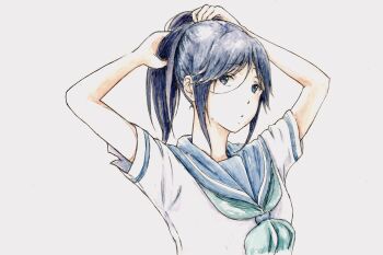 1girl absurdres adjusting_hair arms_up bbmasa blue_background blue_eyes blue_hair blue_neckerchief blue_sailor_collar commentary hair_lift hibike!_euphonium highres kasaki_nozomi kitauji_high_school_uniform liz_to_aoi_tori looking_at_viewer medium_hair neckerchief ponytail sailor_collar school_uniform short_sleeves solo summer_uniform traditional_media tying_hair upper_body