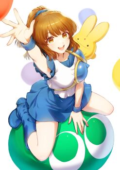 1girl arle_nadja armor armored_dress blob blue_footwear blue_skirt breastplate brown_eyes brown_hair carbuncle_(puyopuyo) dress highres kageharu madou_monogatari puyopuyo shoulder_armor skirt