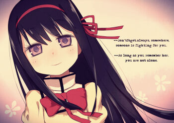 1girl akemi_homura black_hair bow bowtie closed_mouth commentary english_text hair_ribbon light_blush long_hair looking_at_viewer mahou_shoujo_madoka_magica mahou_shoujo_madoka_magica_(anime) mitakihara_school_uniform purple_eyes red_bow red_bowtie red_ribbon ribbon school_uniform smile solo tank_(artist)