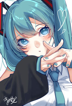1girl absurdres bare_shoulders blue_eyes blue_hair blue_necktie blue_trim blush breasts collared_shirt commentary_request detached_sleeves fingernails hair_between_eyes hair_ornament hatsune_miku highres long_hair looking_at_viewer mai_mugi medium_breasts nail_polish necktie own_hands_together parted_lips shirt signature simple_background sleeveless sleeveless_shirt solo twintails upper_body very_long_hair vocaloid white_background white_shirt
