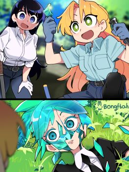 1other 2girls absurdres aqua_hair arato_nagi black_gloves black_hair black_jacket black_necktie black_shirt blonde_hair blue_eyes blue_shirt bongftah broken collared_shirt commentary crossover crystal_hair denim glass gloves green_eyes highres houseki_no_kuni jacket jeans long_hair looking_at_viewer multiple_girls necktie open_mouth pants parted_lips phosphophyllite ruri_no_houseki shards shirt symbol-only_commentary tanigawa_ruri teeth watermark white_gloves