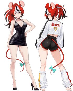 Rule 34 | 1girl, :3, absurdres, alternate costume, animal ear fluff, animal ears, ass, barefoot, black dress, black hair, black shorts, blue eyes, bluefield, blush, bodycon, bow, breasts, cleavage, closed mouth, clothes writing, colored tips, commentary, contrapposto, cropped shirt, dolphin shorts, dress, english commentary, from behind, full body, hakos baelz, high-waist shorts, high heels, highres, hololive, hololive english, leg warmers, long hair, long sleeves, looking at viewer, looking back, mouse ears, mouse girl, mouse tail, multicolored hair, red hair, shirt, short dress, short hair, short shorts, shorts, simple background, sleeveless, sleeveless dress, smile, standing, streaked hair, tail, tail bow, tail ornament, tight clothes, tight dress, variations, virtual youtuber, white background, white hair, white shirt