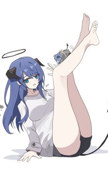 Rule 34 | 2girls, :d, absurdres, arknights, barefoot, black halo, black horns, black shorts, blue hair, breasts, clone, demon horns, demon tail, detached wings, energy wings, feet up, full body, halo, highres, horns, lastmatch500, legs up, light blush, long hair, long sleeves, looking at viewer, medium breasts, mini person, minigirl, mostima (arknights), multiple girls, open mouth, shadow, shirt, short shorts, shorts, simple background, smile, tail, tail raised, traditional halo, waving, white background, white shirt, wings