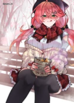 1girl :q absurdres ahoge bench beret black_bow black_hat black_thighhighs blush bow breasts cardigan flower food gradient_hair green_eyes haagyu hair_between_eyes hair_bow hair_flower hair_ornament hairclip half-closed_eyes hand_rest hat highres holding holding_food hololive large_breasts long_hair looking_at_food low_twintails multicolored_hair on_bench outdoors pink_hair pink_nails red_scarf red_skirt sakura_miko sakura_miko_(casual) scarf shirt sitting skirt snowing solo taiyaki thighhighs tongue tongue_out tree twintails twitter_username virtual_youtuber wagashi white_shirt winter yellow_cardigan