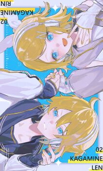 1boy 1girl :d black_sailor_collar blonde_hair blue_eyes character_name grin hair_ornament hairpin headphones highres holding_hands jacket kagamine_len kagamine_len_(nt) kagamine_rin kagamine_rin_(nt) light_blush looking_at_another open_mouth portrait sailor_collar sleeves_past_wrists smile somosimosi vocaloid white_jacket white_sailor_collar yellow_nails yellow_trim