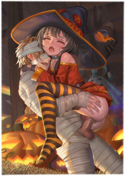 1boy 3girls absurdres alphonse_(white_datura) aqua_(konosuba) bandages belt black_belt black_hair black_hat black_thighhighs censored closed_eyes darkness_(konosuba) halloween hat hetero highres jack-o&#039;-lantern kono_subarashii_sekai_ni_shukufuku_wo! medium_hair megumin mosaic_censoring multiple_girls mummy_costume open_mouth orange_thighhighs penis pumpkin red_shirt satou_kazuma sex shirt striped_clothes striped_thighhighs suspended_congress testicles thighhighs vaginal witch_hat