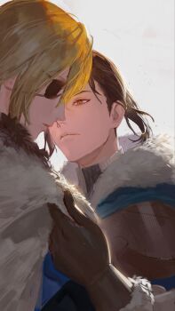 Rule 34 | 2boys, aqua shirt, black hair, blonde hair, blue cape, brown gloves, cape, closed mouth, commentary, dimitri alexandre blaiddyd, dimitri alexandre blaiddyd (timeskip), eyepatch, felix hugo fraldarius, felix hugo fraldarius (timeskip), fire emblem, fire emblem: three houses, fur-trimmed collar, fur trim, gloves, highres, looking at another, male focus, multiple boys, nintendo, orange eyes, parted bangs, shirt, short sideburns, sideburns, untranslatable commentary, white background, ykim01989882