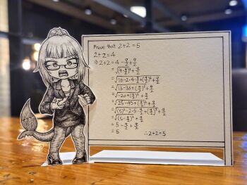 Rule 34 | 1girl, bespectacled, crosshatching, english text, fins, fish tail, gawr gura, glasses, hatching (texture), high heels, highres, holding, holding marker, hololive, hololive english, jacket, jqhnharqld, marker, math, monochrome, open mouth, pantyhose, paper child, papercraft (medium), pencil skirt, photo (medium), ponytail, shark girl, shark tail, sharp teeth, skirt, solo, suit jacket, tail, teeth, unconventional media, virtual youtuber, whiteboard