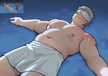 1boy absurdres alternate_body_size alternate_pectoral_size bara belly blindfold blonde_hair commentary derivative_work dungeon_meshi from_above highres ice laios_touden large_pectorals lying male_focus muscular muscular_male navel nifast_(greentail) nipples on_back outstretched_arms pectorals plump screenshot_inset screenshot_redraw short_hair smile snow solo spread_arms symbol-only_commentary topless_male