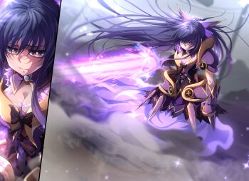 absurdres armor armored_dress danlc2001 date_a_live dress dust frown hair_ornament highres holding holding_sword holding_weapon light_particles long_hair non-web_source purple_armor purple_eyes purple_hair shoulder_armor sword very_long_hair weapon yatogami_tohka