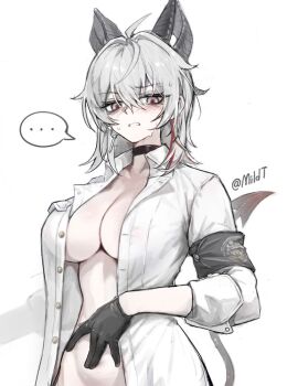 ... 1girl armband black_armband black_choker black_eyes black_gloves black_hair black_horns black_tail blush breasts choker collarbone collared_shirt commentary_request curled_horns demon_tail duplicate earrings gloves grey_hair hair_between_eyes horns jewelry key_earrings korean_commentary large_breasts looking_at_viewer mildt multicolored_eyes multicolored_hair naked_shirt navel no_bra parted_lips red_eyes shirt solo speech_bubble spoken_ellipsis stomach streaked_hair sweat tail twitter_username two-tone_eyes white_shirt wuthering_waves zani_(wuthering_waves)