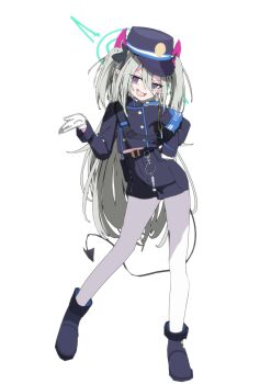 1girl absurdres armband artist_self-insert belt black_belt blue_archive blue_armband blue_shorts cosplay demon_horns gloves hair_between_eyes halo hat highres horns indie_virtual_youtuber nagisa-chan_(nakatokung) nakatokung nozomi_(blue_archive) nozomi_(blue_archive)_(cosplay) pantyhose purple_eyes shako_cap shorts simple_background solo train_conductor twintails virtual_youtuber whistle white_gloves white_pantyhose