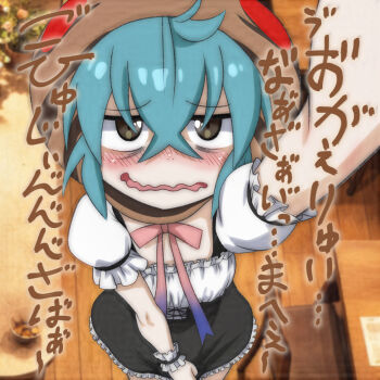 1girl ahoge animal_hat black_dress black_eyes blue_hair blush brown_hat chair dress dress_tug from_above hat highres kemono_friends looking_at_viewer looking_up maid neck_ribbon nervous open_mouth pink_ribbon plant potted_plant puffy_sleeves ribbon short_hair short_sleeves smile standing t_jiroo_(ringofriend) table tsuchinoko_(kemono_friends) waitress wrist_cuffs