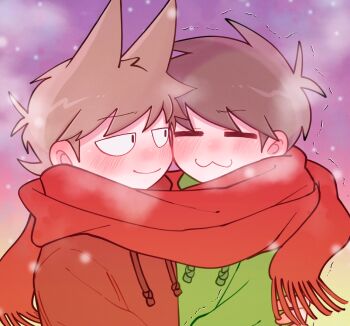 2boys :3 =_= black_eyes blush breath brown_hair closed_eyes commentary couple drawstring edd_(eddsworld) eddsworld green_hoodie hair_down hair_ears highres hood hoodie looking_at_another mau_(edd_tom) multiple_boys outdoors scarf shared_clothes shared_scarf short_hair sky smile snow snowing symbol-only_commentary toon_(style) tord_(eddsworld) trembling yaoi