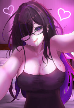 1girl black-framed_eyewear black_dress black_hair blush breasts cleavage colored_inner_hair commentary_request dress glasses goddess_of_victory:_nikke hair_ornament heart heart-shaped_pupils highres kura_(kurenakurena) label_(nikke) large_breasts looking_at_viewer mole mole_on_breast multicolored_hair open_mouth purple_hair purple_streaks smile solo streaked_hair symbol-shaped_pupils