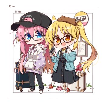 2girls ahoge alternate_costume baseball_cap bespectacled black-framed_eyewear black_hat black_overalls black_pants black_shoes blue_eyes blue_jacket blush bocchi_the_rock! brown_hat bus_stop_sign camera chibi chibi_only chika_(06chimika13) closed_mouth commentary_request denim denim_overalls earrings glasses gotoh_hitori gotoh_hitori_(octopus) gotoh_hitori_(tsuchinoko) hair_between_eyes hands_in_pockets hat holding holding_camera hood hood_down hoodie ijichi_nijika jacket jeans jewelry long_hair long_sleeves looking_at_viewer multiple_girls open_clothes open_jacket open_mouth overall_skirt overalls pants pink_hair red_shoes rolling_suitcase shirt shoes side_ponytail simple_background smile sneakers socks standing star_(symbol) star_earrings suitcase white_background white_hoodie white_shirt white_socks