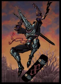 1boy absurdres armor arms_up artist_name black_border blasphemous border brown_gloves cathedral church commentary gloves greaves helmet highres holding holding_sword holding_weapon jumping male_focus menaslg orange_sky pants pauldrons penitent_one pointy_hat purple_pants purple_shirt red_scarf sabaton scarf shirt shoulder_armor skateboard skateboarding sky solo sword tree weapon