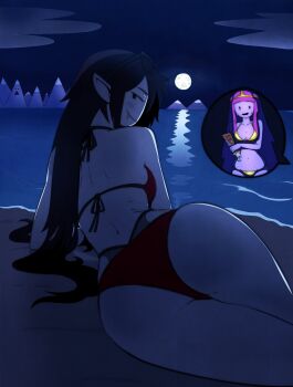 2girls adventure_time ass ass_focus beach bikini breasts chaossus full_moon gold_bikini goth_fashion highres long_hair lotion marceline_abadeer moon mountainous_horizon multiple_girls nervous_smile nervous_sweating night night_sky ocean princess_bonnibel_bubblegum red_bikini self-upload sky smile solo_focus sunglasses sunscreen sweat swimsuit waves yuri
