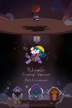 ! 1boy 1girl :o anniversary aqua_eyes artist_name bright_pupils chibi chibi_only closed_eyes closed_mouth commentary_request copyright_name dust entei falling fangs from_behind full_body gen_2_pokemon hat highres hole_in_floor in-universe_location indoors jacket kris_(pokemon) legendary_pokemon long_sleeves merino03 nail_(hardware) nintendo no_sclera open_clothes open_jacket open_mouth pokemon pokemon_gsc raikou red_hair red_shirt red_shoes rock shirt shoes shorts silver_(pokemon) sparkle speech_bubble spoken_exclamation_mark suicune walking white_jacket white_pupils wooden_floor yellow_hat yellow_shorts