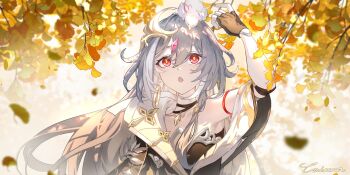 1girl absurdres black_gloves caisena chinese_clothes fingerless_gloves ginkgo_leaf ginkgo_tree gloves grey_hair hair_between_eyes herrscher_of_sentience highres honkai_(series) honkai_impact_3rd leaf long_hair multicolored_hair open_mouth red_eyes single_bare_shoulder solo streaked_hair upper_body white_hair yellow_pupils