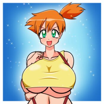 1girl :d arm_under_breasts asymmetrical_hair bare_shoulders blue_background blush border breasts collarbone crop_top green_eyes hair_tie hayakawakenn highres huge_breasts large_breasts looking_at_viewer misty_(pokemon) navel nintendo open_mouth orange_hair pokemon pokemon_(anime) pokemon_(classic_anime) ponytail shirt short_hair side_ponytail smile solo sparkle suspenders tank_top thighs underboob upper_body v-shaped_eyebrows white_border yellow_shirt yellow_tank_top