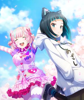 2girls :d \o/ arms_up asymmetrical_legwear bell black_choker black_hair black_pantyhose blue_hair blue_leggings blue_shoes blue_sky blue_socks blue_streaks blush bow breasts brown_leggings candy_print cherry_blossoms cherry_tree choker closed_eyes clothes_writing cloud colored_inner_hair cone_hair_bun cowboy_shot day dot_nose double_bun drawstring falling_petals food food_print frilled_skirt frills game_cg gems_company hair_bow hair_bun hair_ornament hands_in_pockets hood hood_down hoodie jacket jingle_bell jumping large_breasts leggings lens_flare long_sleeves looking_at_viewer macaron mismatched_legwear mizushina_aoi momomaru_nekuto multicolored_hair multicolored_leggings multiple_girls neck_bell official_art open_mouth outdoors outstretched_arms pantyhose parted_lips petals pink_bow pink_hair pink_petals pink_skirt print_jacket purple_jacket round_teeth shoes short_hair skirt sky smile sneakers socks streaked_hair striped_sleeves teeth third-party_source toji_no_miko toji_no_miko:_kizamishi_issen_no_tomoshibi translated upper_teeth_only virtual_youtuber white_hoodie white_leggings