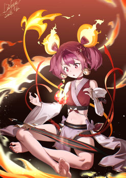 1girl absurdres animal_ears bare_shoulders barefoot bell bell_earrings bike_shorts breasts chinese_commentary choker collarbone commentary_request crop_top dated detached_sleeves duel_monster earrings energy_tail fiery_ears fiery_tail fire full_body glowing_tail ha-re_the_sword_mikanko hair_between_eyes highres indian_style japanese_clothes jewelry jingle_bell_earrings kimono lanoyee midriff mouse_ears mouse_girl mouse_tail navel nontraditional_miko parted_lips pelvic_curtain red_background red_choker red_eyes red_hair red_kimono sidelocks signature sitting sleeveless sleeveless_kimono small_breasts solo sword tail twintails weapon white_sleeves yu-gi-oh!