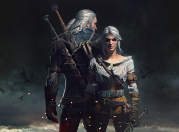 1boy 1girl 3d absurdres armor back-to-back bartlomiej_gawel beard belt black_belt blood blood_on_clothes bow_(weapon) bra_strap breasts brown_gloves buttons chainmail ciri closed_mouth cloud cloudy_sky collarbone collarless_shirt commentary cowboy_shot crossbow dagger english_commentary facial_hair flying from_behind geralt_of_rivia gloves grey_sky highres holding holding_sword holding_weapon jacket jewelry knife leather leather_belt lips long_sleeves looking_at_viewer looking_to_the_side manly medium_hair monster official_art outdoors over_shoulder pants ponytail pouch scar scar_across_eye scar_on_face serious shaded_face shirt silver_hair sky standing sword sword_on_back the_witcher_(series) the_witcher_3 upper_body weapon weapon_on_back weapon_over_shoulder white_shirt