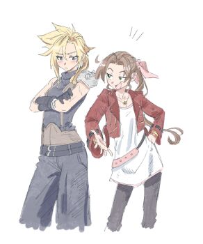 1boy 1girl adapted_costume aerith_gainsborough armor bangle belt bervens12 black_belt black_gloves blonde_hair blue_eyes blush bracelet breasts brown_belt brown_hair cloud_strife cowboy_shot crossed_arms final_fantasy final_fantasy_vii final_fantasy_vii_remake flower flower_necklace furrowed_brow genderswap genderswap_(ftm) genderswap_(mtf) gloves green_eyes grey_pants grey_shirt hair_between_eyes hand_on_own_hip height_difference highres jacket jewelry long_hair medium_breasts multiple_belts necklace open_mouth pants parted_bangs pauldrons pink_belt ponytail red_jacket shirt shoulder_armor sidelocks single_bare_shoulder single_pauldron smile spiked_hair suspenders white_shirt