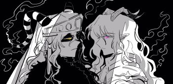 2boys black_background closed_mouth cocopalm collared_capelet face-to-face fire frown fur_scarf galacta_knight greyscale helmet high_collar highres horns humanization kirby_(series) large_horns long_hair magolor male_focus monochrome multiple_boys nintendo parted_lips pointy_ears purple_eyes shaded_face shoulder_pads sidelocks spot_color striped_horns upper_body veil wavy_hair yellow_eyes