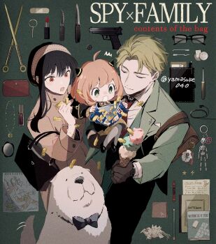 1boy 2girls anya_(spy_x_family) bag bag_charm bandaid black_bow black_bowtie black_footwear black_gloves black_hair blonde_hair bob_cut bolt_(hardware) bond_(spy_x_family) bow bowtie carrying carrying_person charm_(object) child child's_drawing child_carry closed_eyes closed_mouth coin collared_shirt commentary_request dagger dog drawing_(object) earphones eden_academy_school_uniform family food formal_clothes glasses gloves great_pyrenees green_eyes green_jacket green_suit gun hair_horns hairband hand_mirror handbag handgun highres holding holding_bag holding_food ice_cream ice_cream_cone jacket jewelry knife lipstick long_sleeves makeup mirror multiple_girls necklace necktie note notebook open_clothes open_jacket open_mouth peanut pen pencil pink_hair pocket_square red_eyes red_necktie school_bag school_uniform shirt sidelocks spy_x_family star_(symbol) suit surprised twilight_(spy_x_family) weapon white_shirt clutch_purse yamasuke040 yor_briar