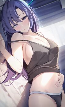 1girl :o bare_arms bed_sheet black_camisole black_halo black_panties blue_archive blush breasts camisole cleavage collarbone commentary_request hair_between_eyes halo hand_on_own_stomach highres indoors long_hair looking_at_viewer lying mechanical_halo medium_breasts multicolored_hair mutsumi_nemuru navel on_back on_bed open_mouth panties purple_eyes purple_hair solo strap_slip two-tone_hair underwear window yuuka_(blue_archive)