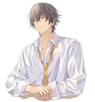 1boy alternate_costume caelus_(honkai:_star_rail) closed_mouth collarbone collared_shirt commentary_request grey_hair hair_between_eyes highres honkai:_star_rail honkai_(series) korean_commentary long_sleeves looking_to_the_side male_focus necktie puffy_long_sleeves puffy_sleeves shadow shirt short_hair simple_background solo takoyaki_(ct_esb) trailblazer_(honkai:_star_rail) white_background white_shirt yellow_eyes yellow_necktie