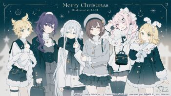 1boy 1other 25-ji_len 25-ji_nightcord_de._(project_sekai) 25-ji_rin 4girls ;d akiyama_mizuki aqua_eyes artist_name asahina_mafuyu bag beret black_corset blonde_hair blue_bag blue_dress blue_jacket blue_scarf blue_shorts blue_skirt blue_thighhighs bow bow_hairband brown_eyes brown_hair closed_motuh coat commentary_request company_name copyright_notice corset dress frilled_dress frills fur-trimmed_dress fur-trimmed_shorts fur_trim grey_coat grey_dress grey_hat grey_skirt hair_bow hair_ornament hairband hairclip hat highres holding holding_bag jacket kagamine_len kagamine_rin merry_christmas multiple_girls musical_note official_art one_eye_closed open_mouth pink_eyes pink_hair plaid_clothes plaid_skirt ponytail project_sekai purple_eyes purple_hair scarf shinonome_ena shiraho_(color-56) shorts shoulder_bag side_ponytail sidelocks signature skirt smile star_(symbol) thighhighs vocaloid webpage white_bow white_coat white_hair white_hairband yoisaki_kanade