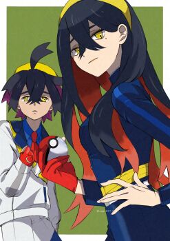 1boy 1girl adversarial_noise black_hair blue_jacket blue_pants blue_shirt blueberry_academy_school_uniform border brother_and_sister carmine_(pokemon) collared_shirt colored_inner_hair commentary_request crossed_bangs gloves green_background hair_between_eyes hairband highres holding holding_poke_ball jacket kieran_(pokemon) long_hair long_sleeves looking_at_viewer mole mole_on_neck mole_under_eye multicolored_hair necktie nintendo outside_border pants partially_fingerless_gloves poke_ball poke_ball_(basic) pokemon pokemon_sv purple_hair red_gloves red_hair red_necktie saai127_2 school_uniform shirt short_hair siblings single_glove twitter_username two-tone_hair white_border yellow_eyes yellow_hairband