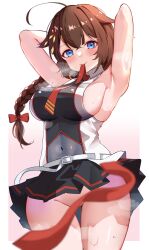 Rule 34 | 1girl, ahoge, arms behind head, black shirt, black skirt, blue eyes, blurry, braid, brown hair, calin, convenient censoring, depth of field, hair flaps, hair over shoulder, highres, kantai collection, long hair, mouth hold, necktie, no panties, pleated skirt, red necktie, ribbon, shigure (kancolle), shigure kai san (kancolle), shirt, simple background, single braid, skirt, sleeveless, sleeveless shirt, solo, two-tone shirt, white background