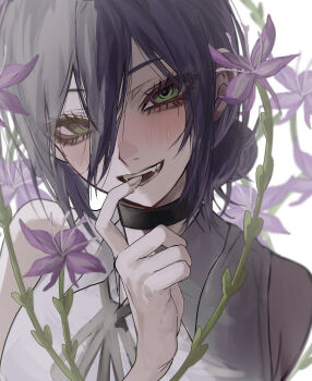 1girl absurdres biting_own_finger black_choker black_hair chainsaw_man choker flower grey_shirt hair_between_eyes hair_bun highres purple_flower reze_(chainsaw_man) saliva shirt sleeveless sleeveless_shirt solo teeth white_background yosei_bin