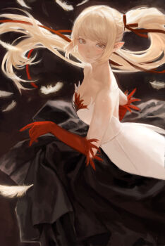 1girl absurdres black_background black_dress blonde_hair breasts brown_eyes cleavage closed_mouth commentary_request dress elbow_gloves falling_feathers feathers floating_hair gloves hair_ribbon highres kiss-shot_acerola-orion_heart-under-blade kiss-shot_acerola-orion_heart-under-blade_(young_adult) long_hair looking_at_viewer monogatari_(series) oshino_shinobu pointy_ears ponytail red_gloves red_ribbon ribbon small_breasts smile solipsist solo strapless strapless_dress two-tone_dress white_dress