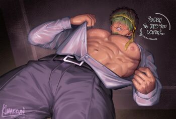 1boy abs alternate_costume alternate_muscle_size artist_name bara bare_pectorals beard commentary commission contemporary english_commentary english_text facial_hair fire_emblem fire_emblem:_the_blazing_blade from_below green_hair hair_over_eyes highres kimakkun large_pectorals lowen_(fire_emblem) male_focus muscular muscular_male navel necktie necktie_on_head nintendo nipples pants pectorals short_hair solo teeth yellow_necktie