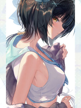 1girl bare_shoulders black_hair blue_sailor_collar blush breasts cardigan closed_mouth commentary_request crop_top female_rover_(wuthering_waves) from_side grey_cardigan hair_ornament highres long_hair looking_at_viewer medium_breasts mutii off_shoulder rover_(wuthering_waves) sailor_collar shirt sideways_glance solo white_shirt wuthering_waves yellow_eyes