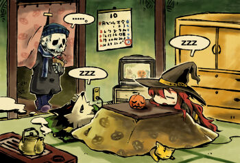 ... 1girl 2boys bag beanie black_hat black_jacket blue_pants blue_scarf calendar_(object) candy candy_cane cat closed_eyes commentary_request cushion food furry furry_male halloween hat hat_belt holding indoors jack-o&#039;-lantern jack-o&#039;-lantern_print jacket jiageya_(atojian_keikaku) kettle kotatsu long_hair long_sleeves lying multiple_boys on_back open_mouth original pants paper_bag purple_slippers red_hair scarf sleeping slippers spoken_ellipsis spoken_zzz table tatami television walking werewolf witch_hat zabuton zzz