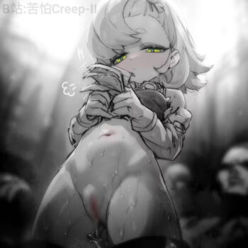 1girl artist_name blur_censor blurry blurry_background censored detached_sleeves gloves green_eyes greyscale holding holding_money kupa_(jesterwii) loli medium_hair money monochrome piper_wheel pussy solo_focus standing sweat zenless_zone_zero