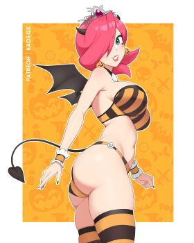 1girl absurdres alternate_breast_size_(larger) alternate_costume artist_name ass bra breasts commentary demon_horns demon_tail earrings english_commentary facial_mark fake_horns fake_tail fake_wings final_fantasy green_eyes hair_over_one_eye highres horns jack-o&#039;-lantern jack-o&#039;-lantern_earrings jewelry kaos_art large_breasts looking_at_viewer mario_(series) mario_basketball_3on3 navel nintendo outline panties pink_hair smile solo star_(symbol) star_facial_mark striped_bra striped_clothes striped_panties striped_thighhighs tail thighhighs tiara underwear white_mage_(final_fantasy) white_outline wings