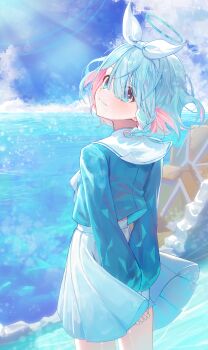 1girl absurdres arms_behind_back arona_(blue_archive) blue_archive blue_eyes blue_hair blue_halo blush bow closed_mouth colored_inner_hair commentary from_behind hair_bow halo highres kaze_22 korean_commentary long_sleeves looking_at_viewer looking_back multicolored_hair pink_hair puffy_long_sleeves puffy_sleeves sailor_collar sailor_shirt school_uniform serafuku shirt short_hair skirt solo two-tone_hair white_bow white_sailor_collar white_skirt