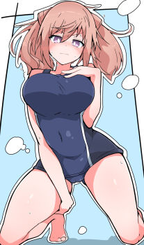 1girl alice_gear_aegis blue_one-piece_swimsuit blush breasts brown_hair cameltoe collarbone commentary_request covered_navel embarrassed gluteal_fold highres kimikage_yui kneeling large_breasts looking_at_viewer medium_hair nejirehifumi one-piece_swimsuit purple_eyes school_swimsuit solo swimsuit twintails twintails_with_hair_base