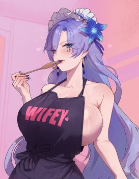 1girl apron blue_eyes blue_flower blue_nails blush breasts cantarella_(wuthering_waves) earrings facial_mark fingernails flower hair_between_eyes hair_flower hair_ornament hand_up headdress highres housewife huge_breasts indoors jamesloves_art jewelry kitchen long_hair looking_at_viewer maid_headdress mark_under_eye naked_apron parted_lips purple_hair sideboob smile solo sweat tasting wuthering_waves