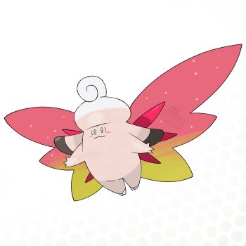 absurdres alien blue_eyes blush_stickers clefable colored_skin curly_hair fairy fairy_wings gen_1_pokemon gradient_wings highres madzygardecore mega_clefable mega_pokemon multicolored_wings nintendo no_humans pink_skin pokemon pokemon_(creature) pokemon_focus smile wings